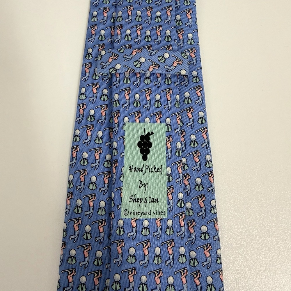 Vineyard Vines Boys Tie Golfers & Tees Blue/Pink Satin Silk USA 3 1/8" x 50" euc